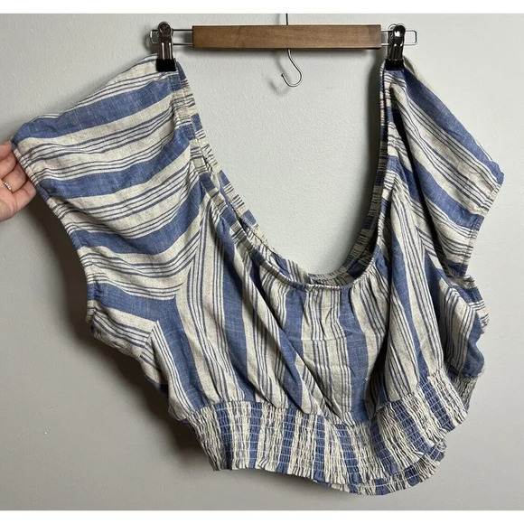 Torrid Off-Shoulder Puff Sleeve Crop Top Linen Blend Blue & White Plus Size 5 Wm - Picture 2 of 7